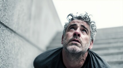 COPD Awareness Month. Middle-aged man struggling to breathe while climbing stairs, subtle expression of difficulty, natural daylight