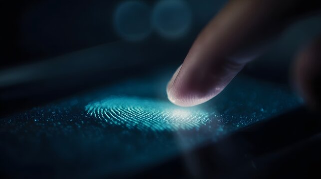A finger is scanning a glowing fingerprint on a digital interface for security and authentication
