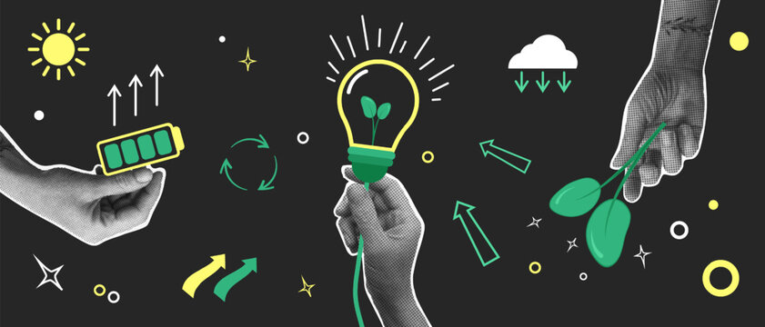 Set of eco zero waste, Halftone appliques hands hold energy carrier battery, lamp and save nature. Concept of ecological use of energy resources, Vector illustration.