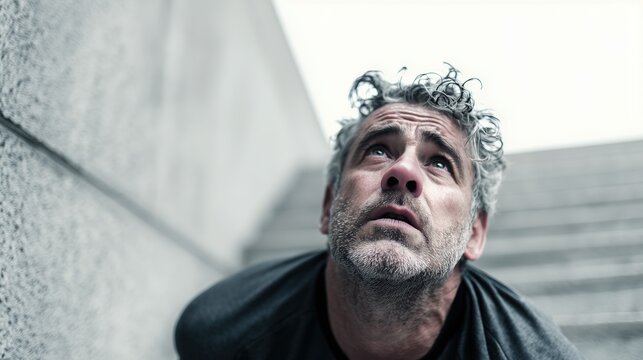 COPD Awareness Month. Middle-aged man struggling to breathe while climbing stairs, subtle expression of difficulty, natural daylight