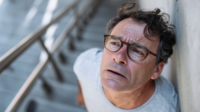 COPD Awareness Month. Middle-aged man struggling to breathe while climbing stairs, subtle expression of difficulty, natural daylight - Powered by Adobe