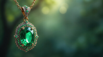 Magnificent emerald jewel necklace with beautiful green aesthetic. gold pendant hangs in magical nature setting