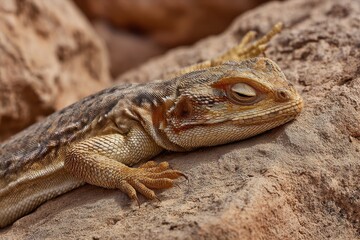 Fototapeta premium Sunning Lizard on Desert Rocks: A Relaxing Moment in Nature's Wild