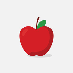 Classic red apple vector illustration with a green leaf and brown stem. High-quality fruit icon for healthy food, education, and nature designs