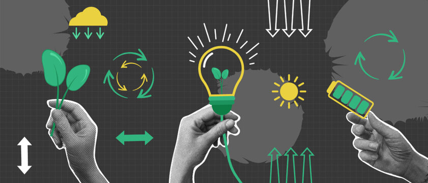 Set of eco zero waste, Halftone appliques hands hold energy carrier battery, lamp and save nature. Concept of ecological use of energy resources, Vector illustration.
