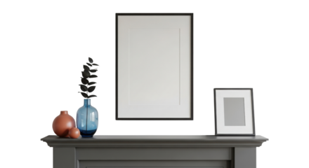 Empty picture frame on white wall with decoration