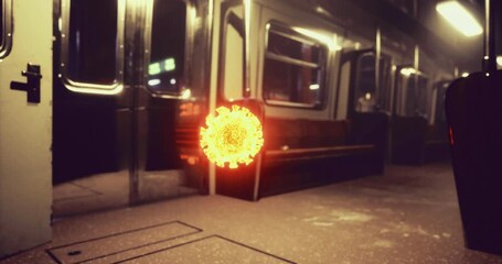 A vibrant representation of a virus floating in an abandoned subway car. The atmosphere conveys an eerie quietness, emphasizing isolation amid a health crisis in a bustling urban environment. - Powered by Adobe