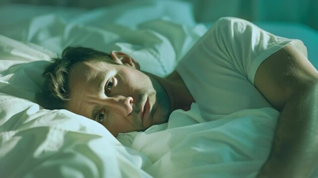 Close-up of a man in white shirt sleeping peacefully on bed with crisp sheets and pillows.