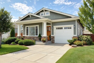 Charming Craftsman-Style Home with Green and White Trim, Welcoming Garage, and Inviting Driveway
