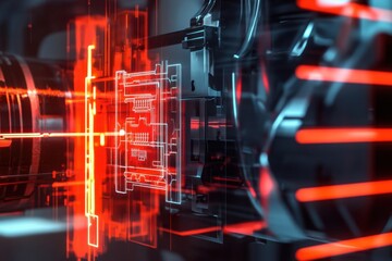 Exploring futuristic technology through intricate circuit design and glowing red graphics