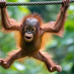 Naklejka premium Young orangutan swings playfully from a vine in the lush rainforest during daylight hours, showcasing its vibrant fur and curious expression