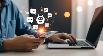 Close-up of hands using laptop and smartphone with ai chatbot interface and communication icons floating above
