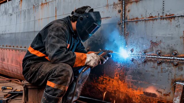 Skilled Welder Using Safety Gear in Workshop for Steel Fabrication and Metalwork Repair in Industrial Construction Site
