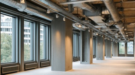 Modern Office Space with Industrial Design Featuring Large Windows and Exposed Ducts, Ideal for Creative Work Environment and Collaborative Projects
