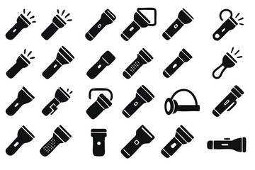 A collection of various flashlight icons in black and white, perfect for illustrating concepts of illumination, tools, and emergency preparedness across different applications.