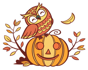 Owl sitting on pumpkin, night Thanksgiving scene  silhouette vector illustration