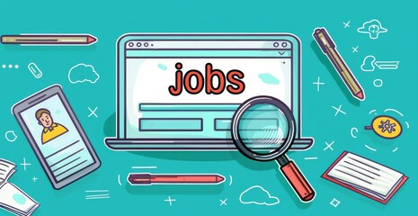 Job search concept with magnifying glass over search bar and jobs text, cartoon style vector illustration on light blue background.