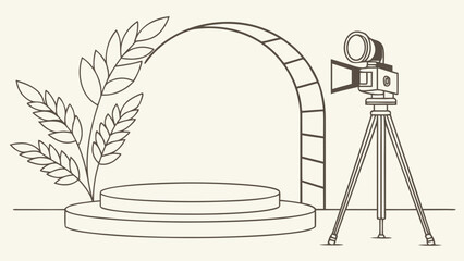 Illustration of a camera on a tripod, a plant, and a two tiered stand with an archway behind it
