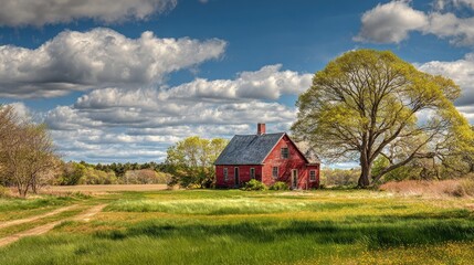 Obraz premium Springtime Charm in Topsfield, Massachusetts: Idyllic Farmland with a Classic Red Barn in New England's North Shore