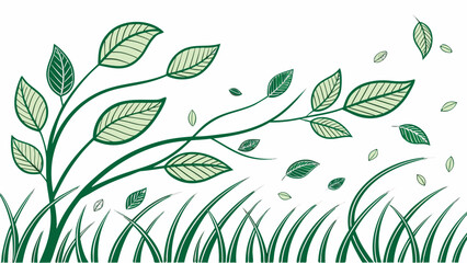 Illustration of a tree with green leaves blowing in the wind above a field of grass on a white background
