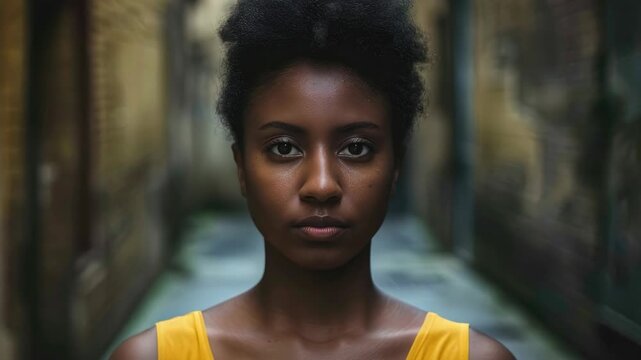 A woman with a short haircut looking off to her left. She is wearing a yellow top and is set against an urban backdrop with buildings.