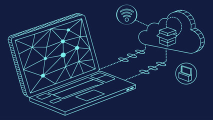 Laptop connected to a cloud with wifi signal and a desktop icon in a dark blue background design