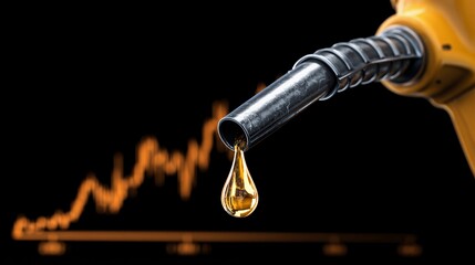Oil pump nozzle dripping fuel in front of a rising graph indicating increasing prices during a fluctuating market