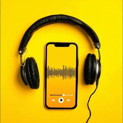 Headphones and smartphone with sound wave display on bright yellow background, creating a lively atmosphere for music lovers