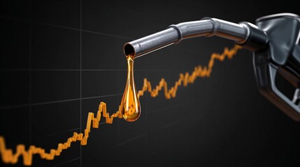 Oil prices rise as fuel is dispensed from a nozzle against a backdrop of a fluctuating market graph representing trends in energy costs