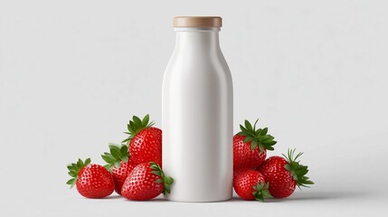 Fresh strawberries arranged around a glass bottle filled with milk on a clean, light background