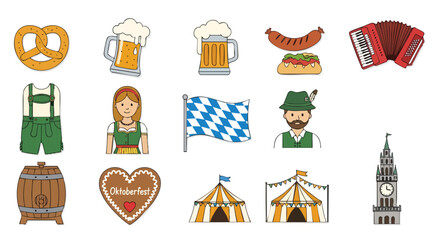 A vibrant vector illustration showcases various elements associated with Oktoberfest celebrations, including pretzels, beer, sausages, traditional attire, and festive decorations, perfect for design