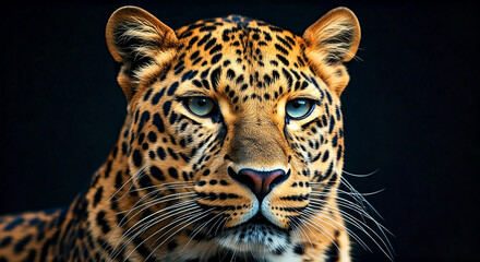 Fototapeta premium Majestic Leopard Portrait Close-Up on Dark Background Highlighting Intense Gaze and Detailed Wildlife Texture