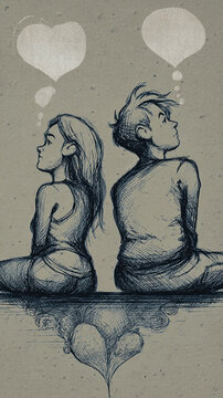 Two people sitting back to back, lost in thought, surrounded by hearts and clouds, illustrating deep emotions and connection in a creative sketch style