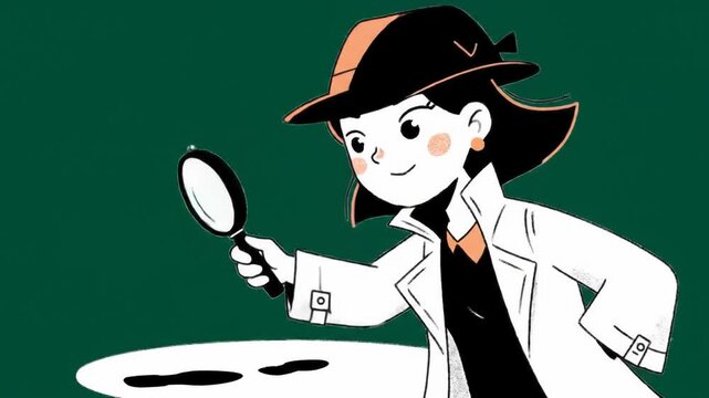 Cute Cartoon Detective Girl With Magnifying Glass And Fedora Hat Investigating On Dark Green Background With Flat Design Elements