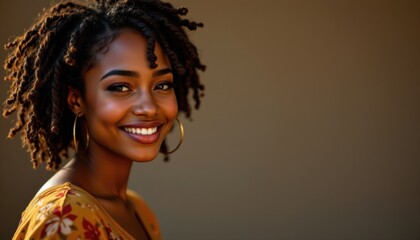 A woman with curly hair smiling at the camera. She is wearing a patterned top and has large hoop earrings