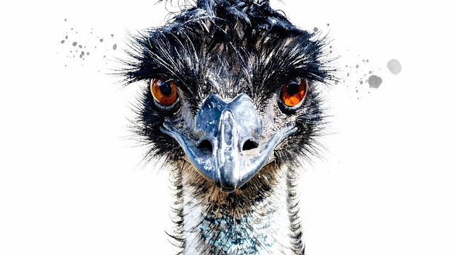 Expressive watercolor painting of an emu staring forward.