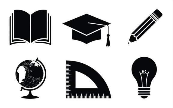 Set of 6 educational and learning icons in vector format ideal for school or university design projects silhouette vector illustration white background