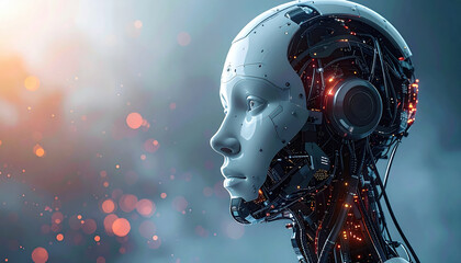 Futuristic humanoid robot with intricate mechanical details and glowing elements stands against blurred background, evoking sense of advanced technology and artificial intelligence