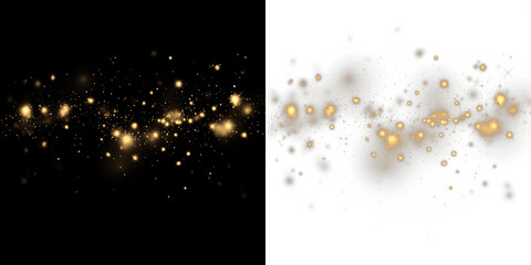 Gold sparkles and glowing particles create a magical overlay effect on contrasting black and white backgrounds, enhancing visual appeal for creative projects and designs