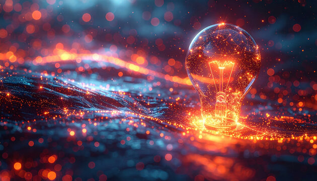 Glowing light bulb surrounded by vibrant, abstract particles on dark surface, symbolizing innovation and creativity. scene is illuminated with warm, fiery colors, creating futuristic atmosphere - Powered by Adobe