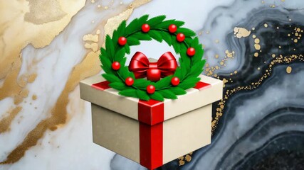 Festive gift box opens to reveal holiday wreath on marble background - Powered by Adobe