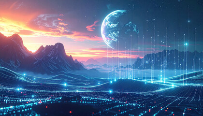 Futuristic landscape with digital grid overlay, glowing under vibrant sunset sky. scene features mountains and distant planet, evoking sense of wonder and exploration