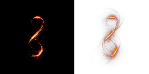 Abstract glowing number eight design with vibrant orange light trails on contrasting black and white backgrounds, symbolizing infinity and continuity in a modern artistic style