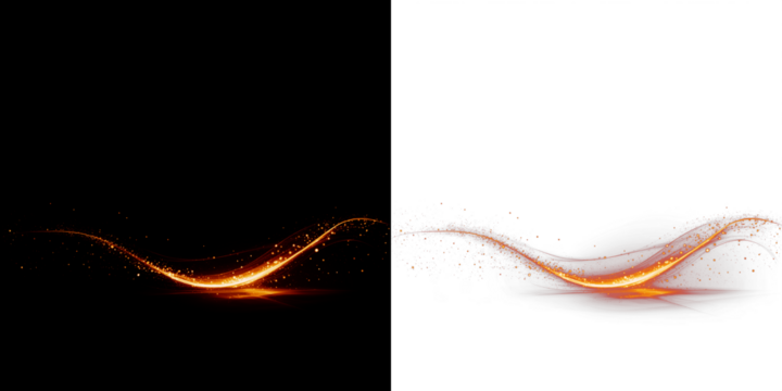 Abstract glowing wave design with orange sparkles on black and white backgrounds, showcasing vibrant energy and dynamic movement for creative projects and visual storytelling