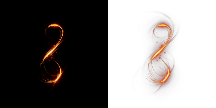 Abstract glowing number eight design with vibrant orange light trails on contrasting black and white backgrounds, symbolizing infinity and continuity in a modern artistic style