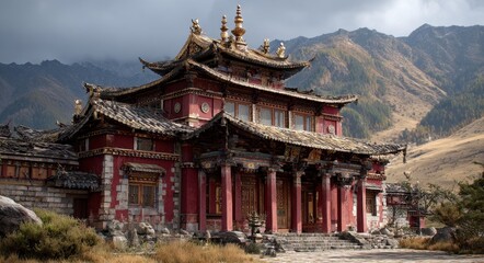 Fototapeta premium Sacred Temple: A Glimpse into Ancient Buddhist Culture Amidst the Majestic