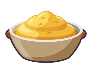 Mashed potatoes in bowl with gravy, traditional Thanksgiving food vector isolated on white background