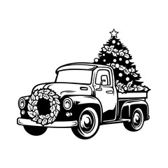 Silhouette of vintage pickup, truck with Christmas tree. Vector illustration