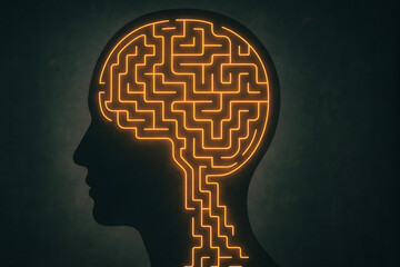 Silhouette of human head with glowing orange labyrinth maze shaped like a brain, symbol of problem solving, psychology, and mental complexity, horizontal photo