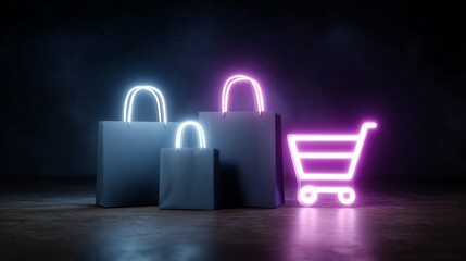 Online retail future glowing icons of shopping cart and bags in digital neon space shopping, ecommerce, digital, online, store, retail, internet, cyber, technology, marketplace, we